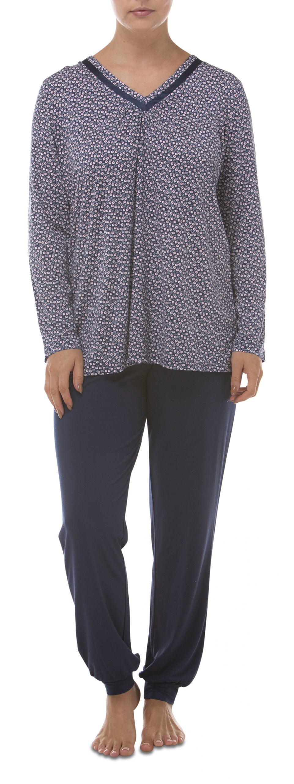 Yuu: Long Sleeve Long Pant Pyjamas. Black Pink Detail.