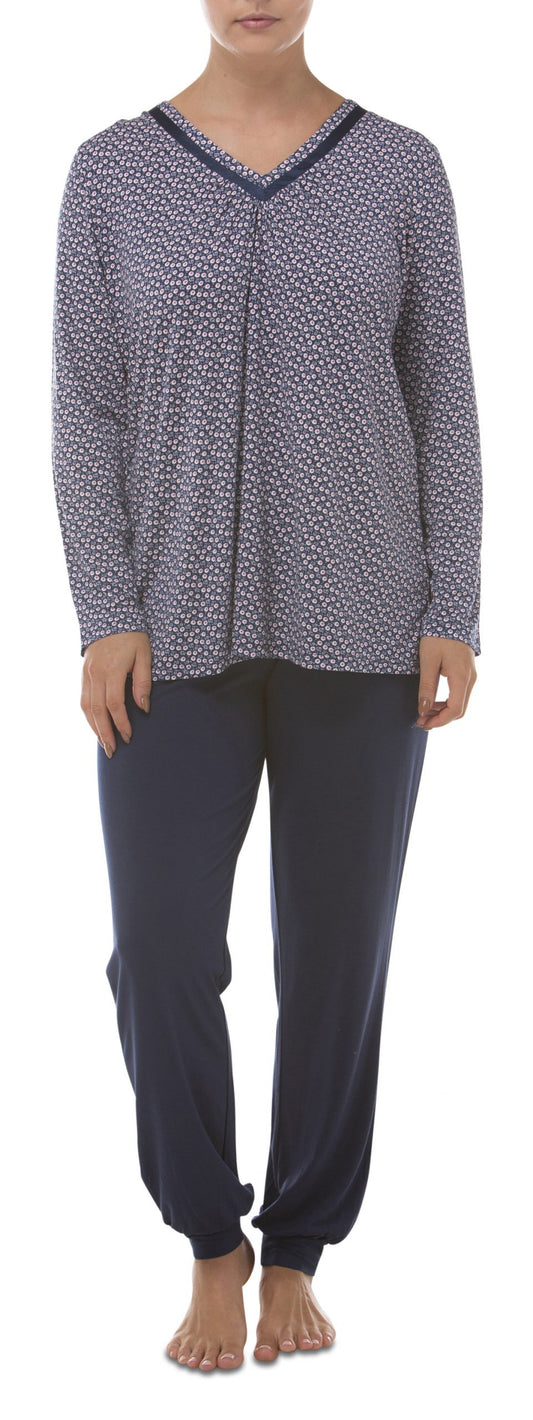 Yuu: Long Sleeve Long Pant Pyjamas. Black Pink Detail.