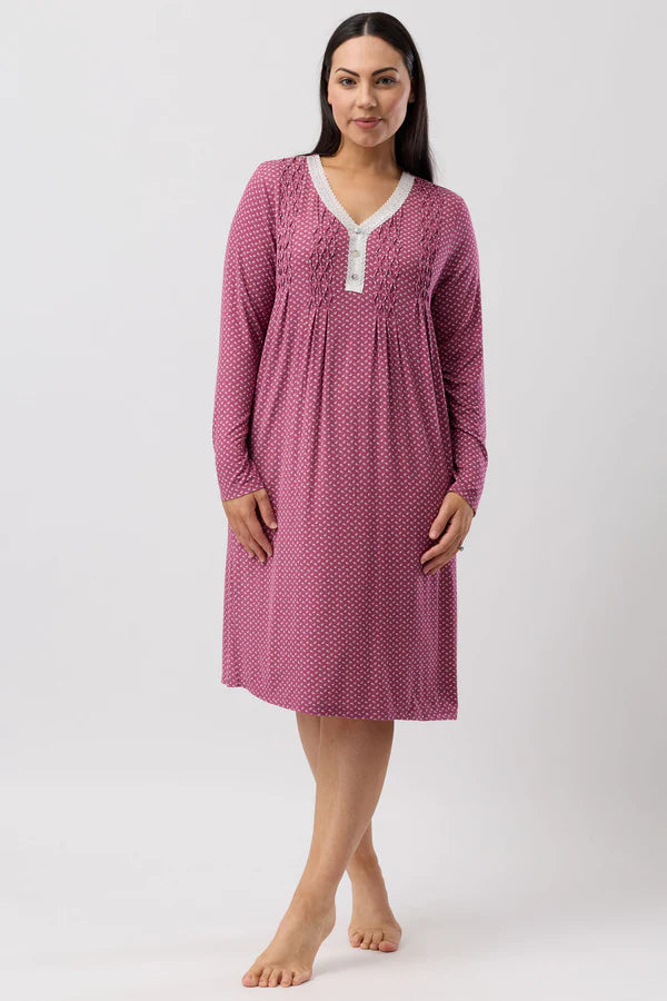YUU:   Tulip Smocking Long Sleeve Nightie Bordeaux