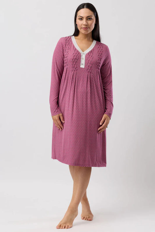 YUU:   Tulip Smocking Long Sleeve Nightie Bordeaux