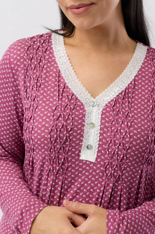 YUU:   Tulip Smocking Long Sleeve Nightie Bordeaux