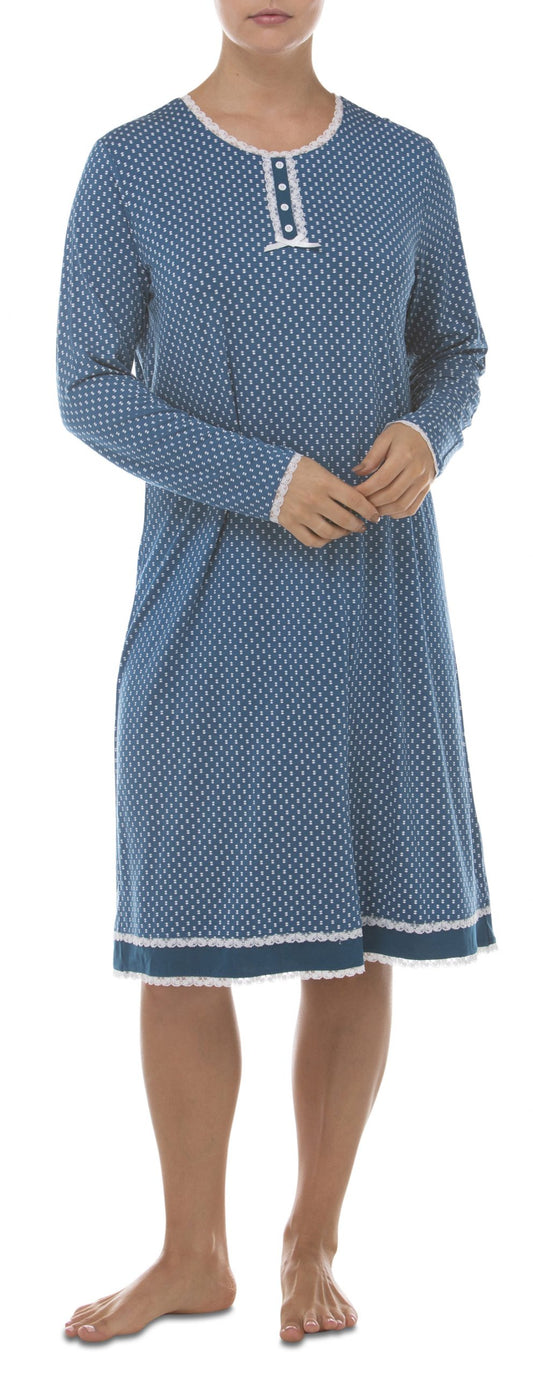 Yuu: Long Sleeve Mid Length Nightie.  Blue