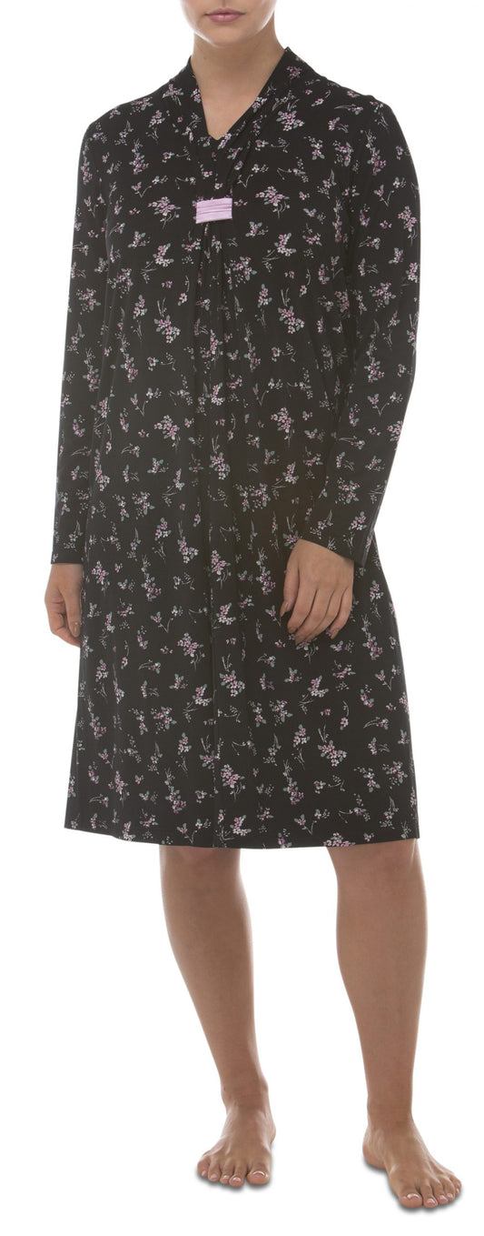 Yuu: Long Sleeve Mid Length Nightie. Black