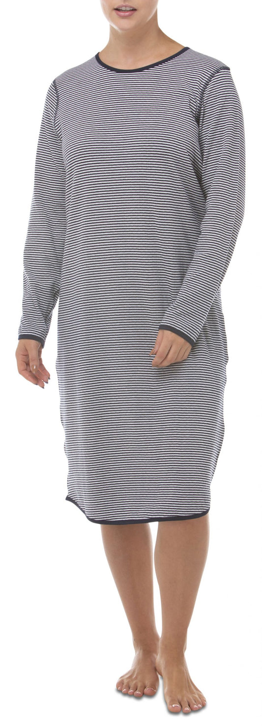 Yuu: Long Sleeve Mid Length Nightie. Stripes