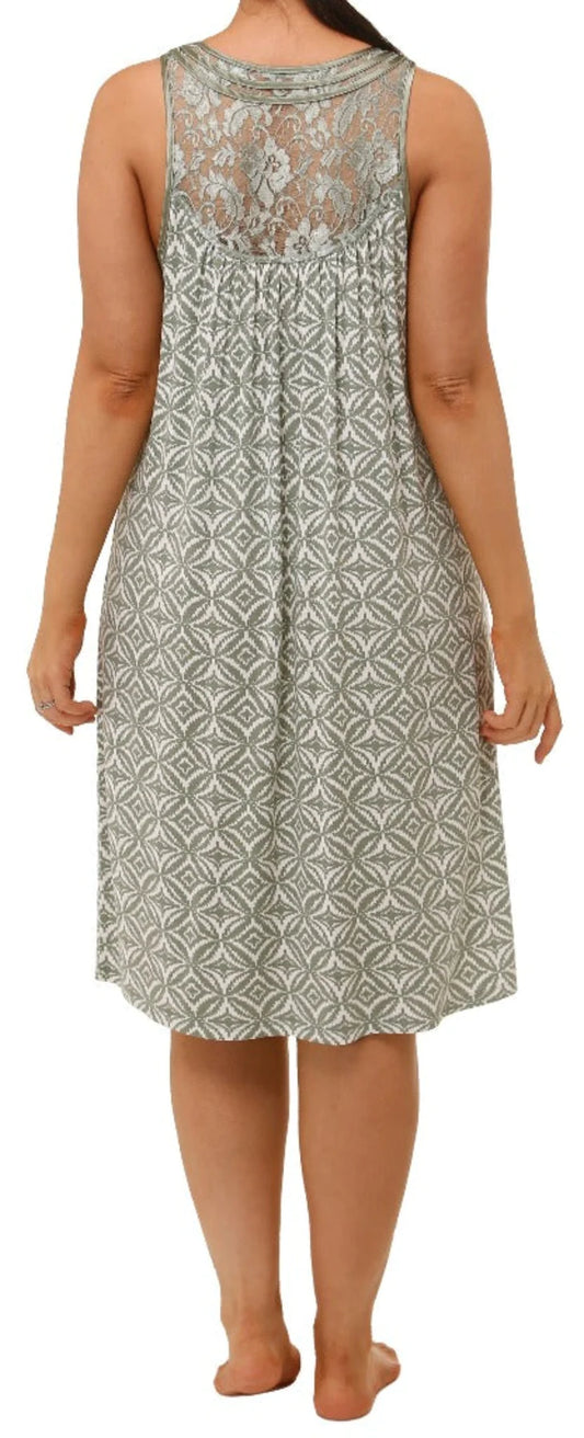 Yuu:  'Aztec' Sleeveless Mid Length Nightie Sleep Dress SAGE