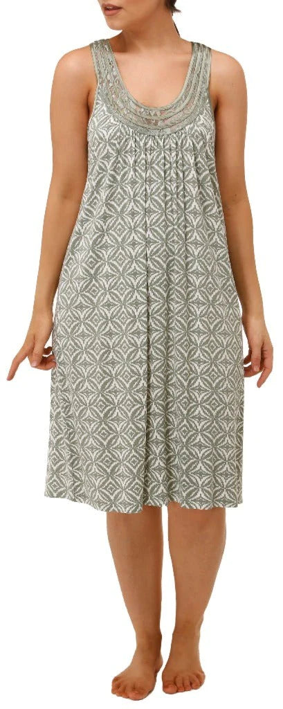 Yuu:  'Aztec' Sleeveless Mid Length Nightie Sleep Dress SAGE