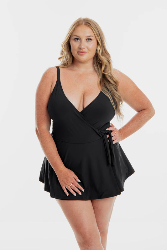 TOGS Black Microfibre Swimdress Cross Over 1PC