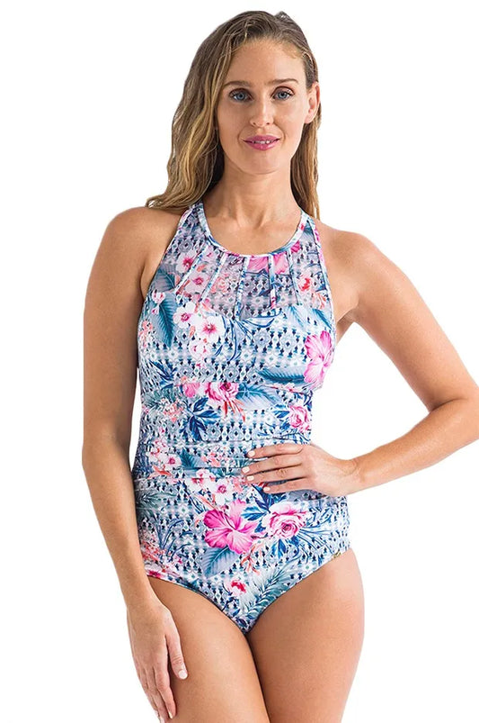 Jantzen: Moroccan Flowers High Neck Mesh One Piece Bather